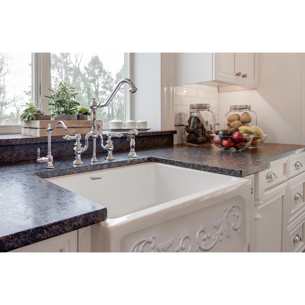 Whitehaus 33" Front Apron Sink W/ An Intricate Vine Design On One Side, Wht WHSIV3333-WHITE